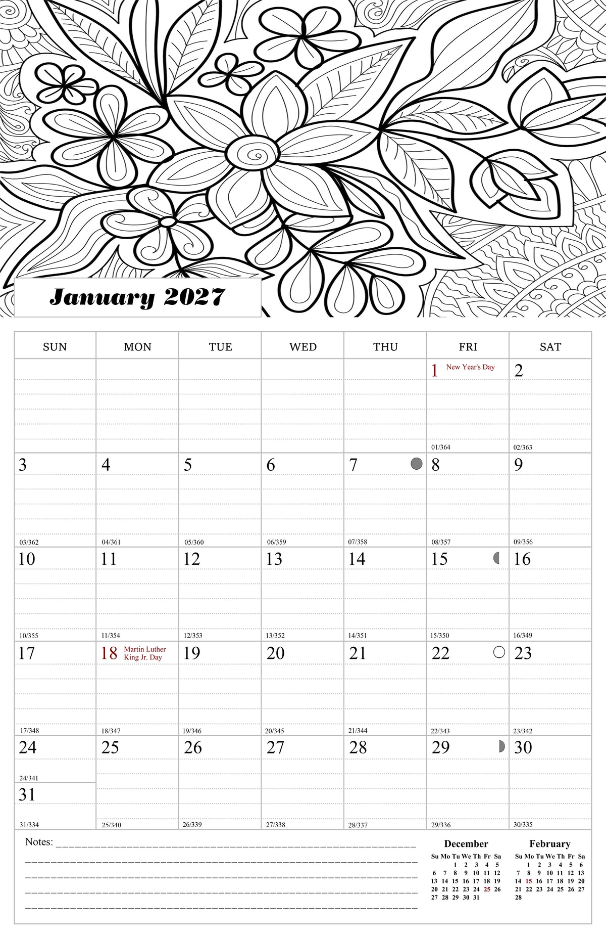 2027 Wall Coloring Calendar Spiral-bound Twin-Wire Binding - 12 Months Planner - Large Ruled Blocks with Julian Dates - (Flowers)
