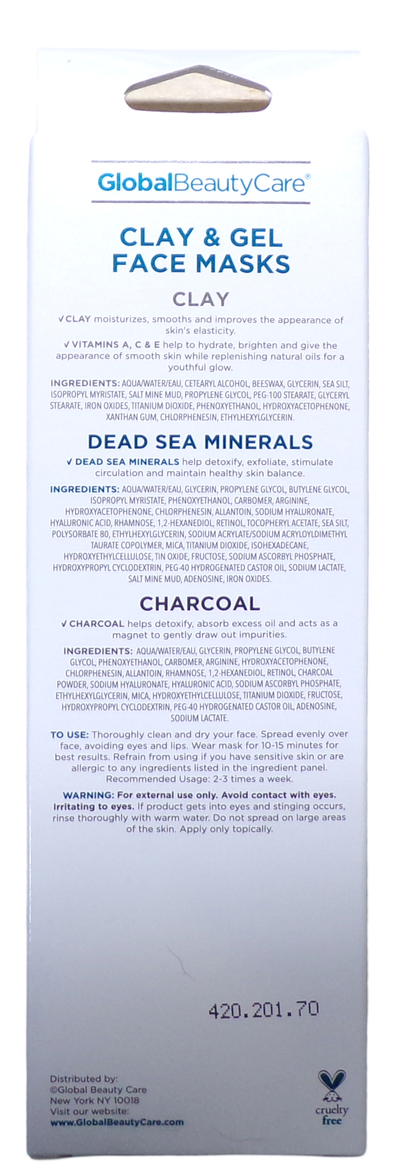 Global Beauty Care Gel Face Masks Dead Sea Minerals Charcoal 3 Pack Set
