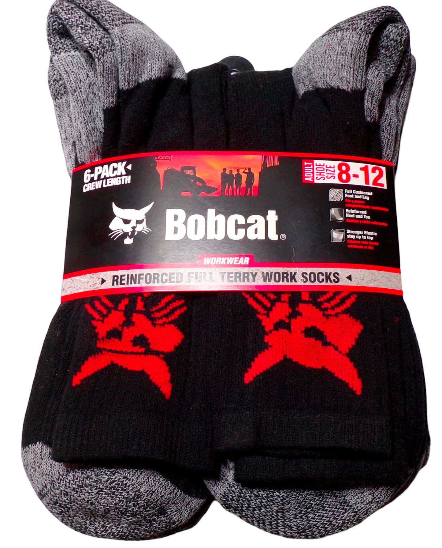Bobcat 6-Pack Men's Workwear Black Crew Socks Shoe Size 8-12 Cotton