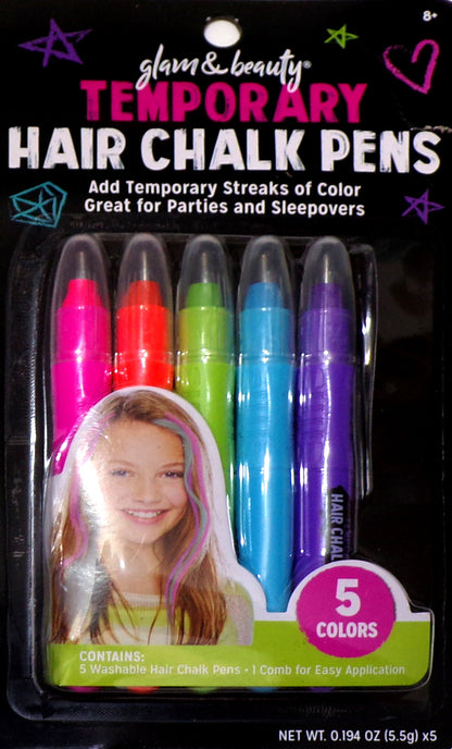 Glam & Beauty Temporary Hair Chalk Pens 5 Colors - Hair Beauty Fun- New