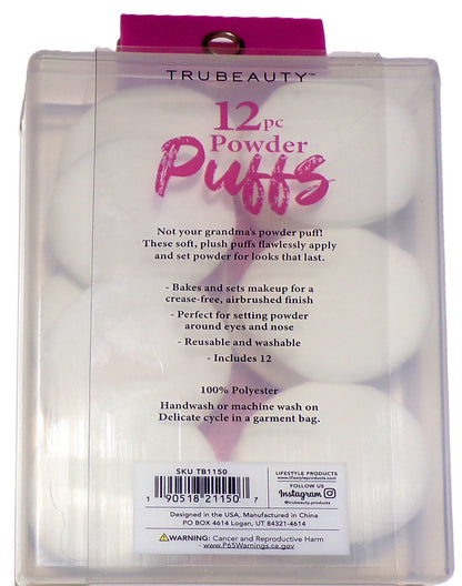 TruBeauty 12 Makeup POWDER PUFFS Round White in Reusable (Set of 2)
