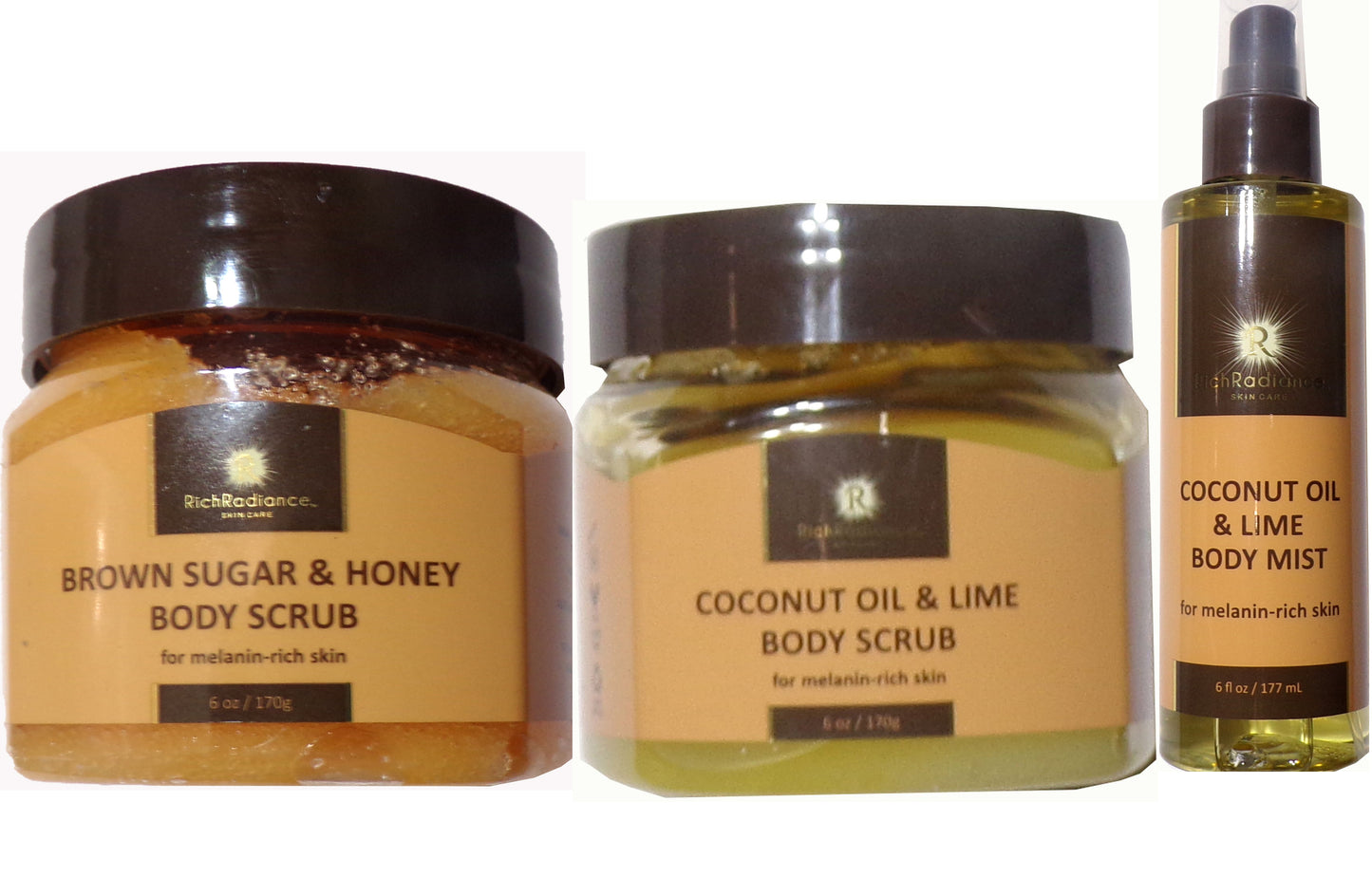 Rich Radiance Skin Care - Brown Sugar & Honey Scrub, Coconut Oil & Lime Scrub & Body Mist