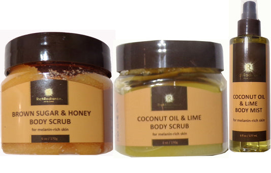 Rich Radiance Skin Care - Brown Sugar & Honey Scrub, Coconut Oil & Lime Scrub & Body Mist