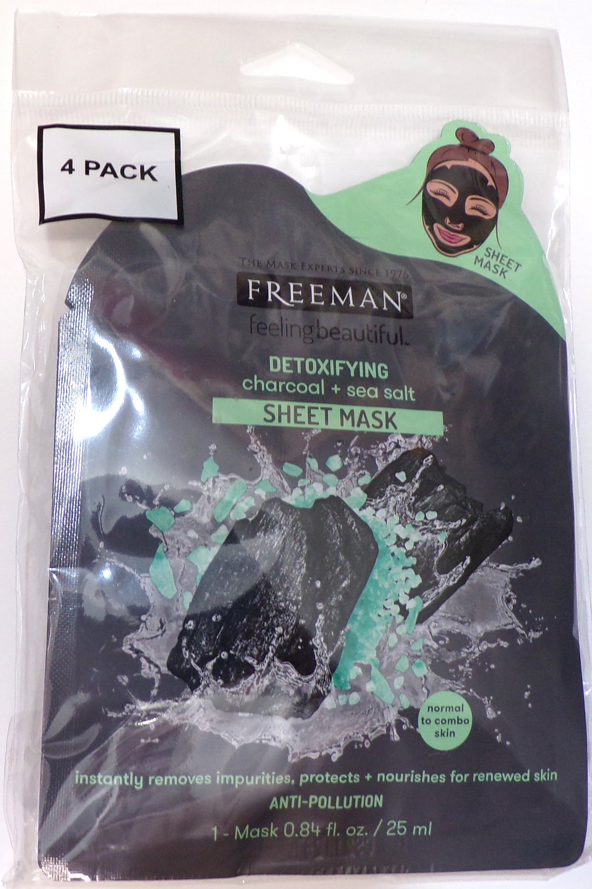 FREEMAN Feeling Beautiful Detoxifying Charcoal Sea Salt Sheet Mask 4-Pack