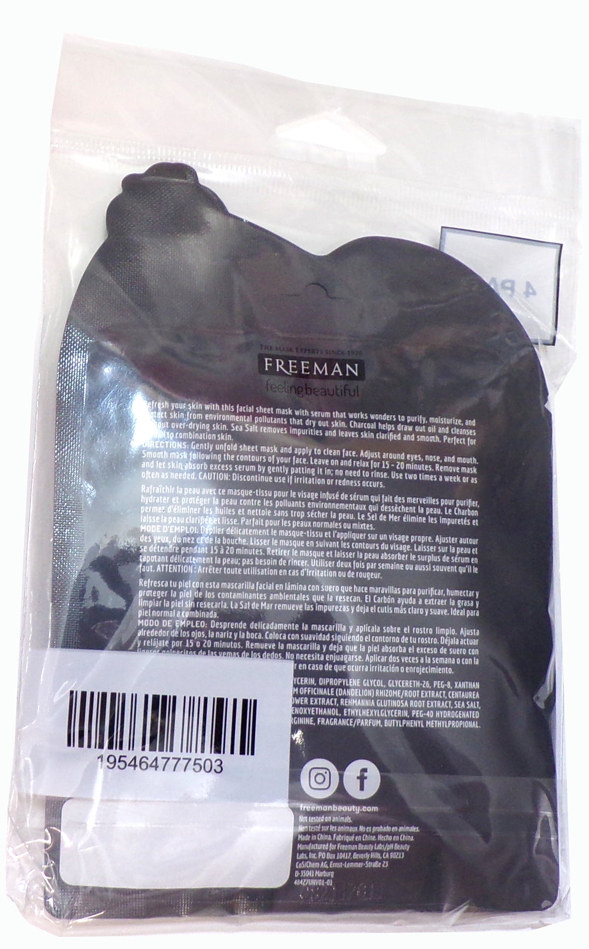 FREEMAN Feeling Beautiful Detoxifying Charcoal Sea Salt Sheet Mask 4-Pack
