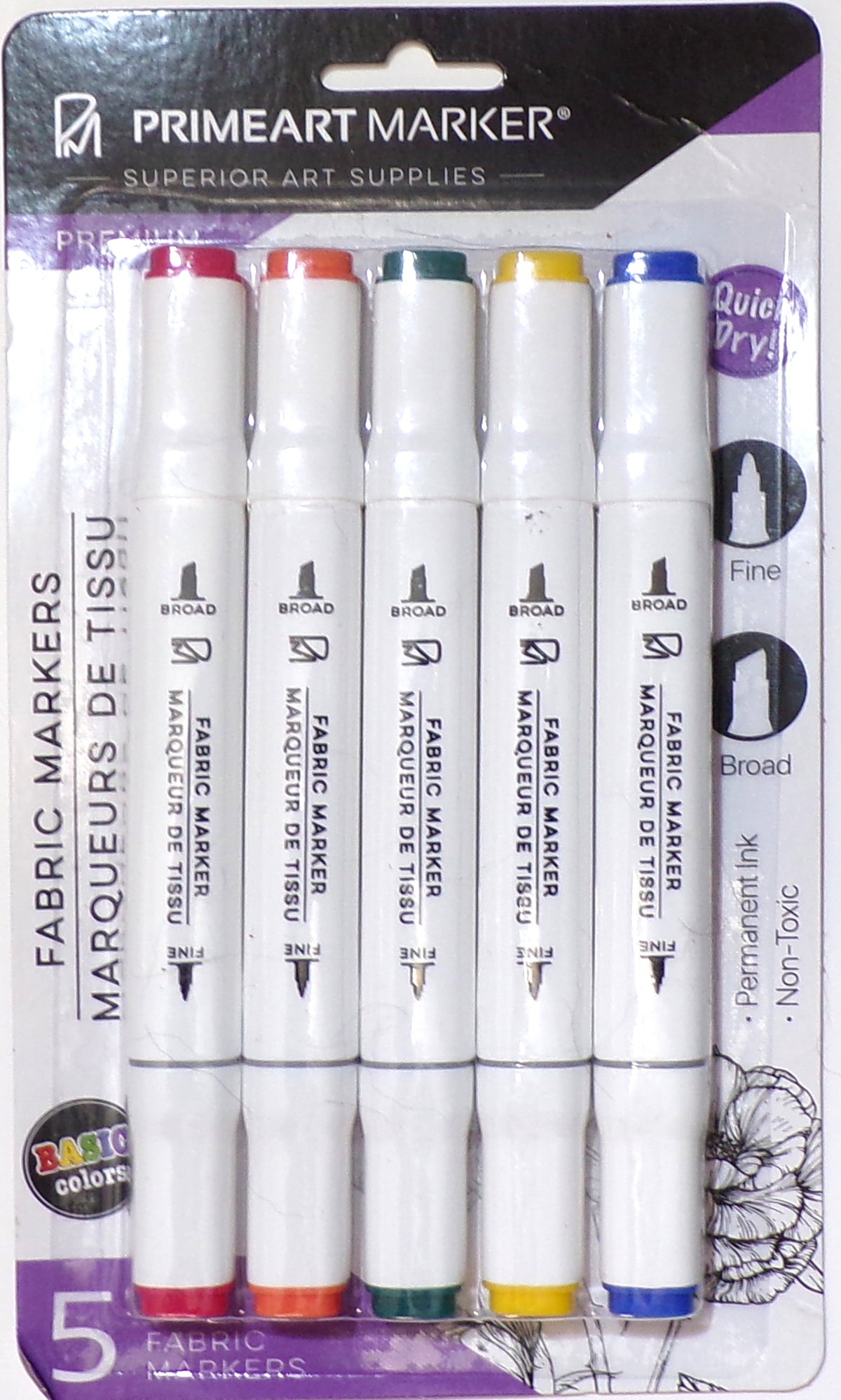 PRIMEART MARKER Premium Basic Fabric Markers, 5 Count - Basic Colors