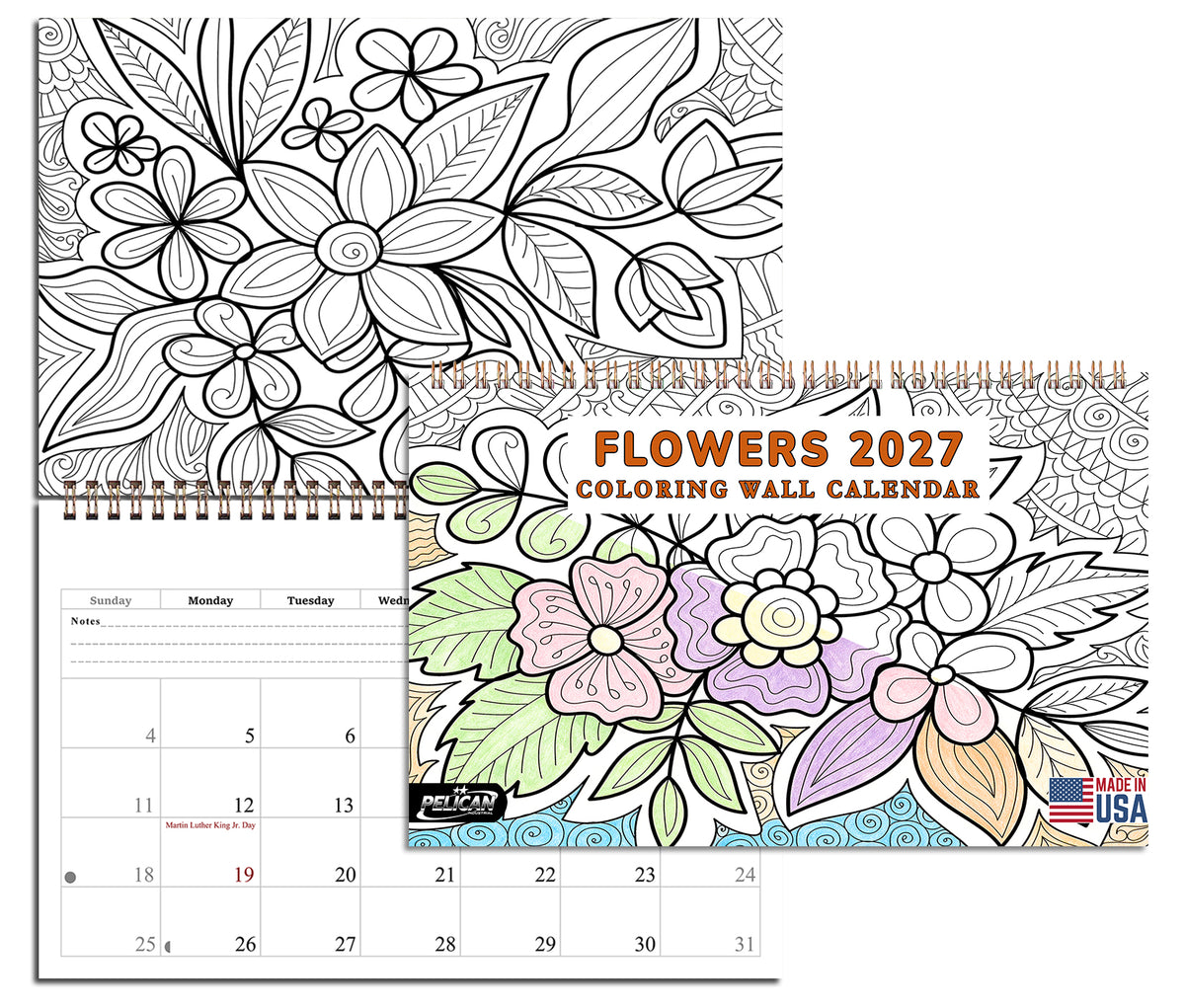 2027 Coloring Wall Calendar - 12 Months Desktop / Wall Calendar (Flowers)