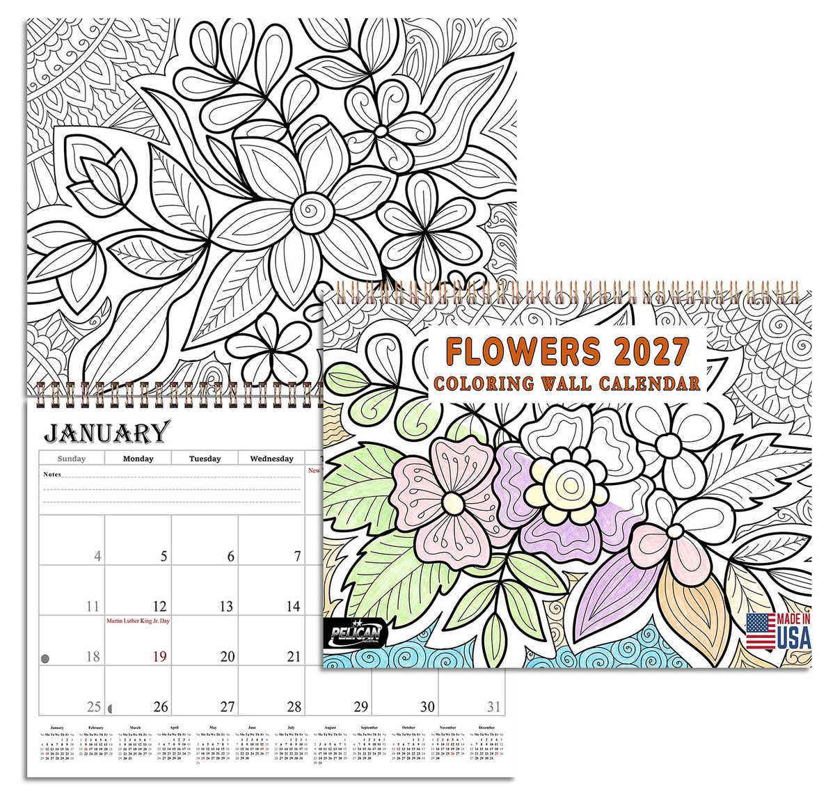 2027 Coloring Wall Calendar - 12 Months Desktop (Flowers) (11x17)