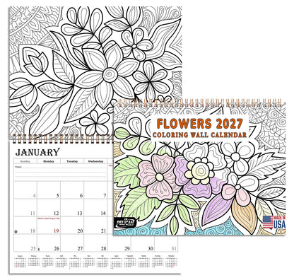 2027 Coloring Wall Calendar - 12 Months Desktop (Flowers) (11x17)