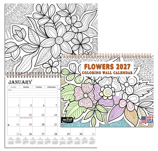 2027 Coloring Wall Calendar - 12 Months Desktop (Flowers) (11x17)