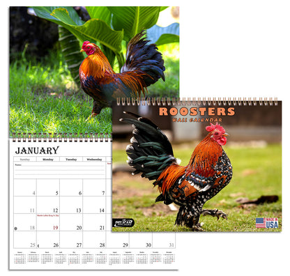 2026 Spiral-bound Wall Calendar (Roosters) - 12 Months Desktop/Wall Calendar/Planner