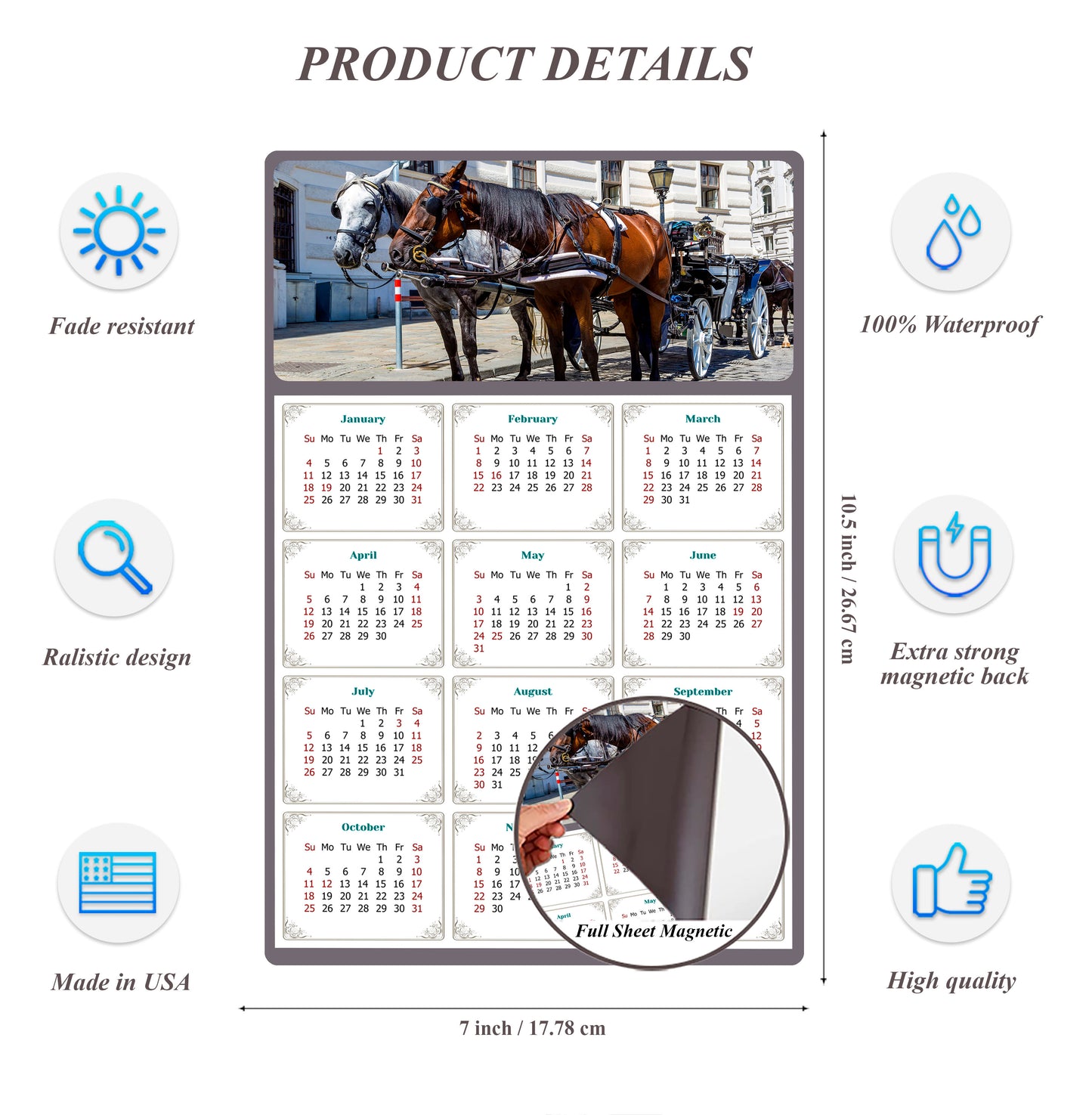 2026 Magnetic Calendar - Calendar Magnets - Today is my Lucky Day - (Fade, Tear, and Water Resistant) - Horses Themed 018