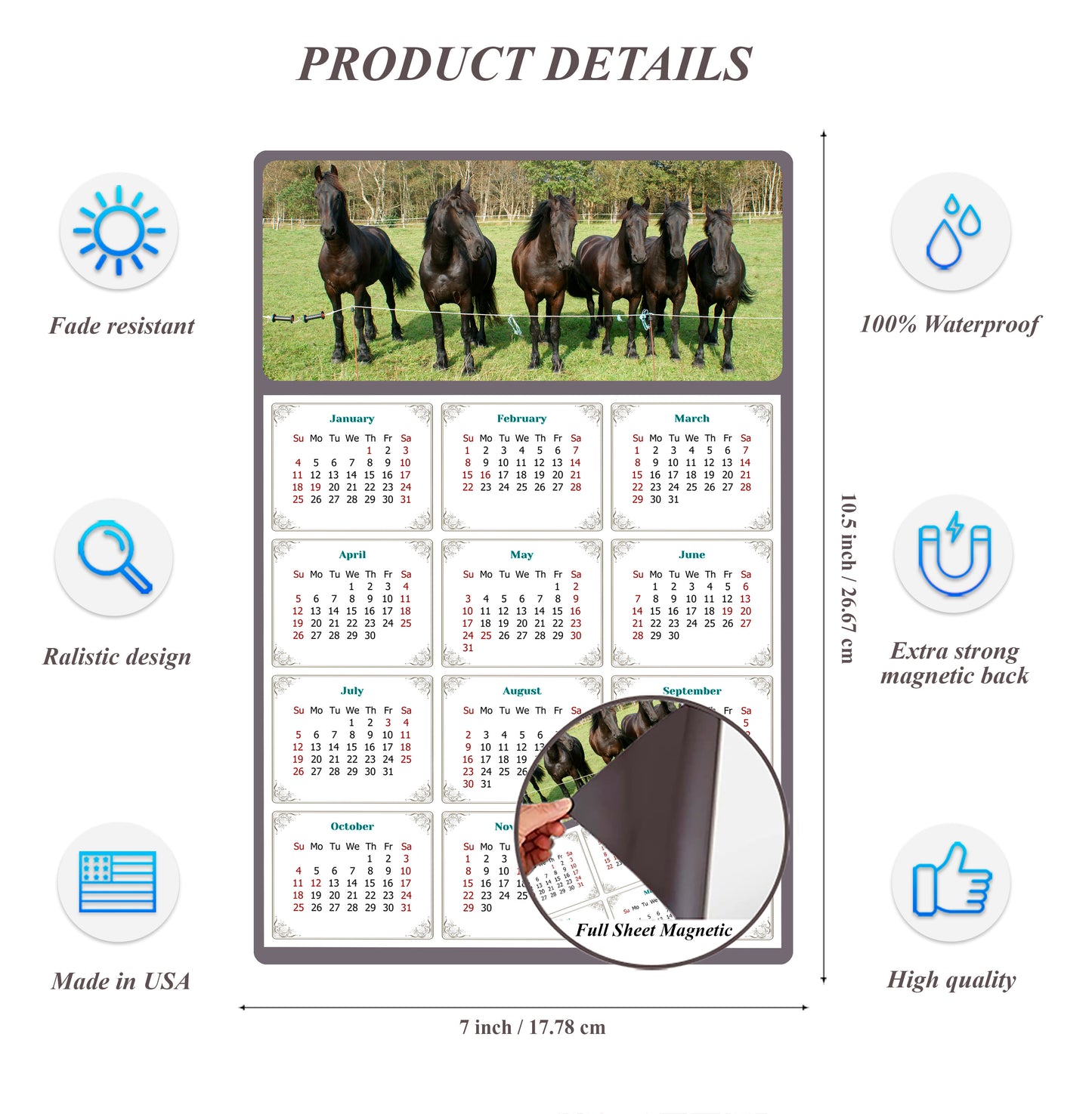 2026 Magnetic Calendar - Calendar Magnets - Today is my Lucky Day - (Fade, Tear, and Water Resistant) - Horses Themed 06