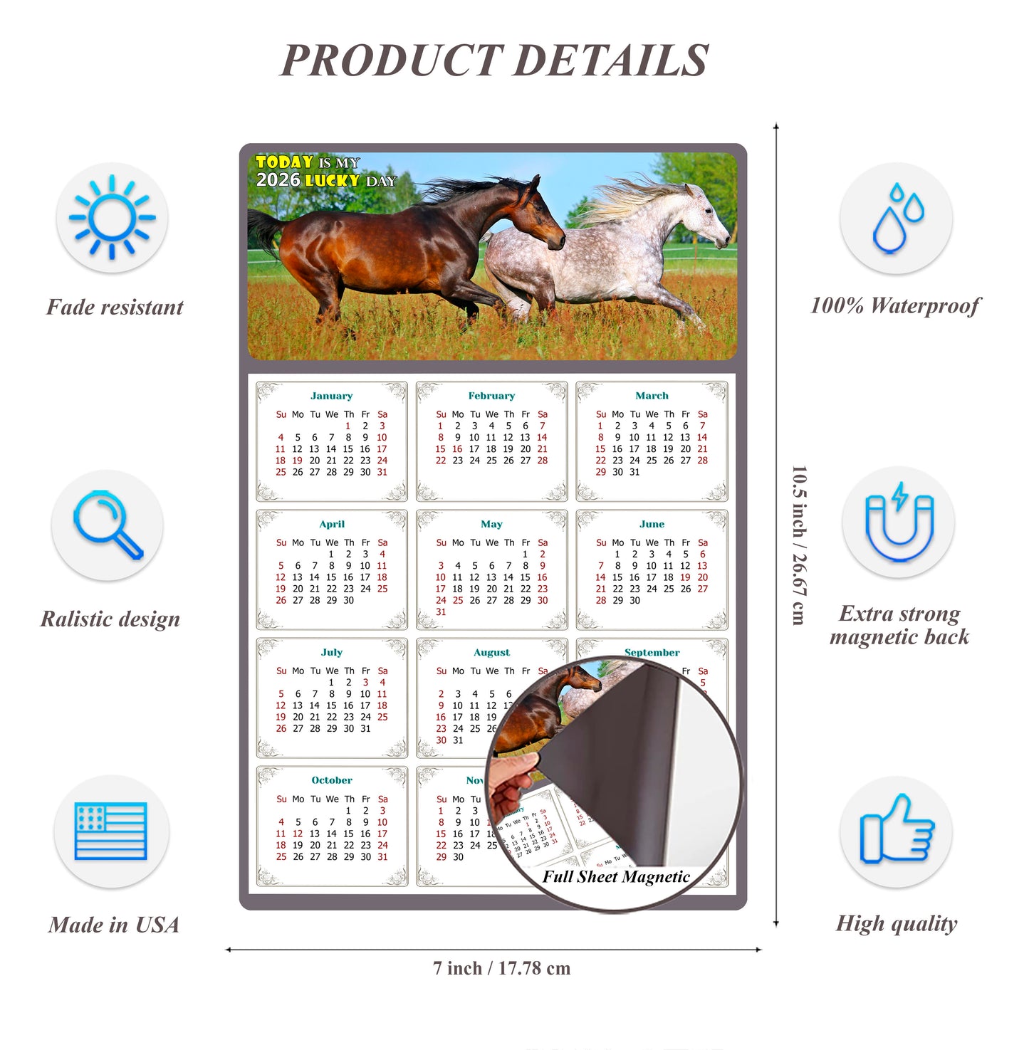 2026 Magnetic Calendar - Calendar Magnets - Today is my Lucky Day - (Fade, Tear, and Water Resistant) - Horses Themed 03