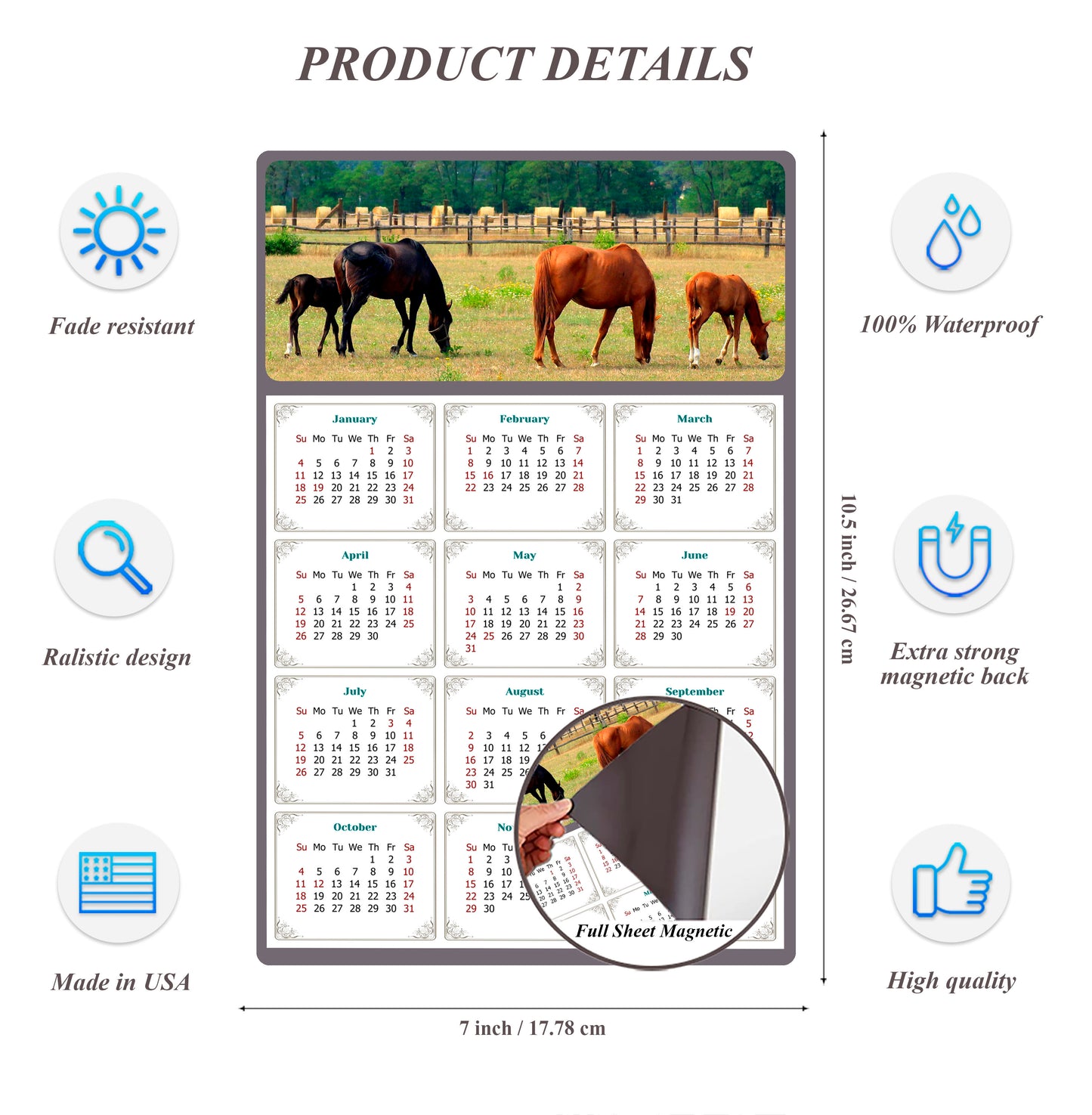 2026 Magnetic Calendar - Calendar Magnets - Today is my Lucky Day - (Fade, Tear, and Water Resistant) - Horses Themed 010