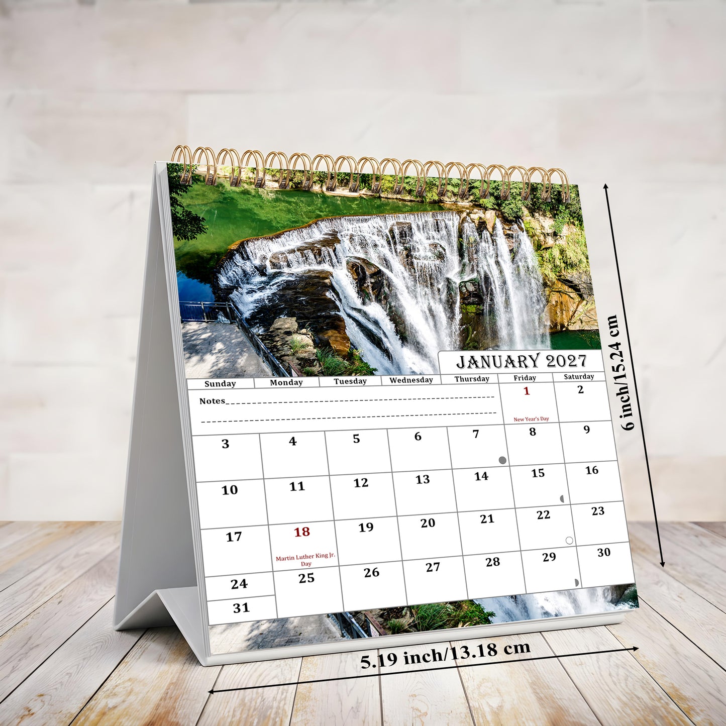 2027-12 Months Desk Calendar Desktop Planner with To-Do List (Waterfalls)