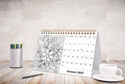 2027-12 Months Desk Coloring Calendar Desktop Planner with To-Do List (Flowers)