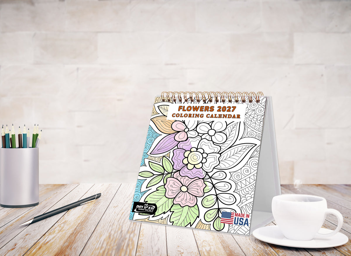 2027-12 Months Desk Coloring Calendar Desktop Planner with To-Do List (Flowers)