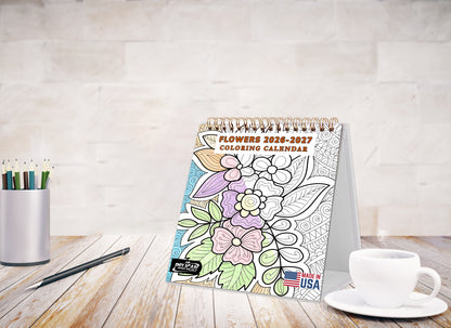 2026-2027 18 Months Standing Flip Desk Coloring Calendar Desktop (Flowers)