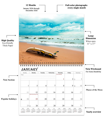 2026 Spiral-bound Wall Calendar (Beaches) - 12 Months Desktop/Wall Calendar/Planner