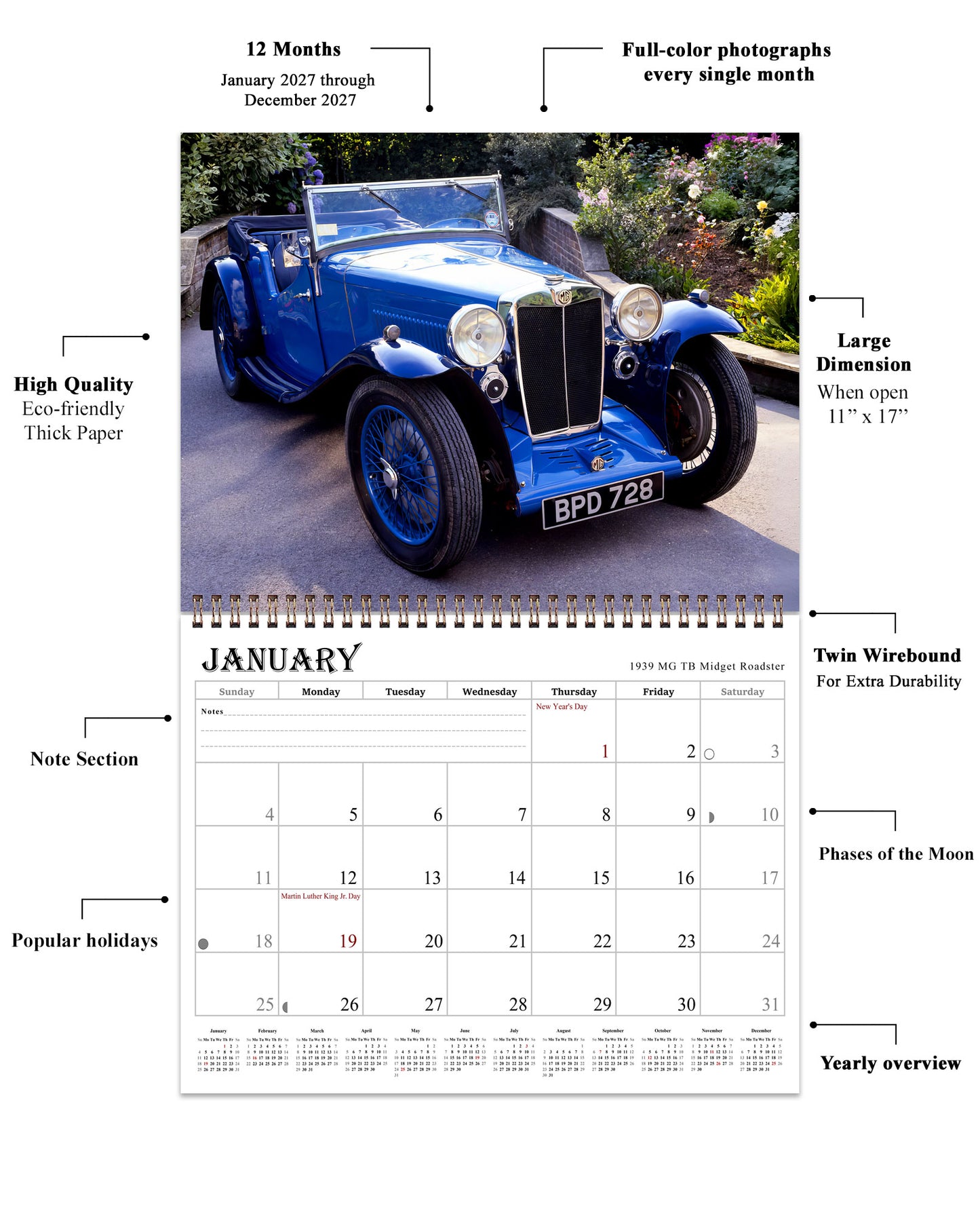 2027 Spiral-bound Wall Calendar (Classic Cars) - 12 Months Desktop/Wall Calendar/Planner