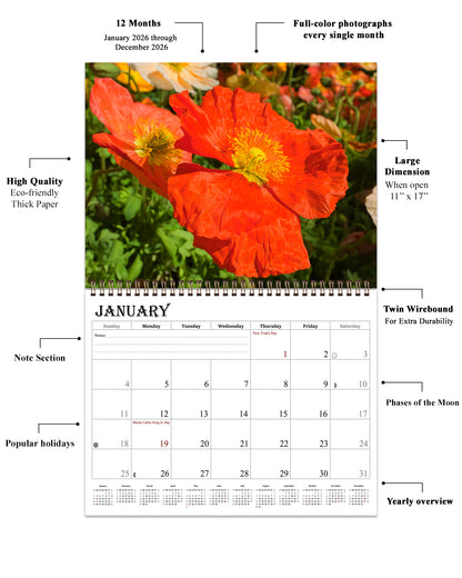 2026 Spiral-bound Wall Calendar (Flowers) - 12 Months Desktop/Wall Calendar/Planner