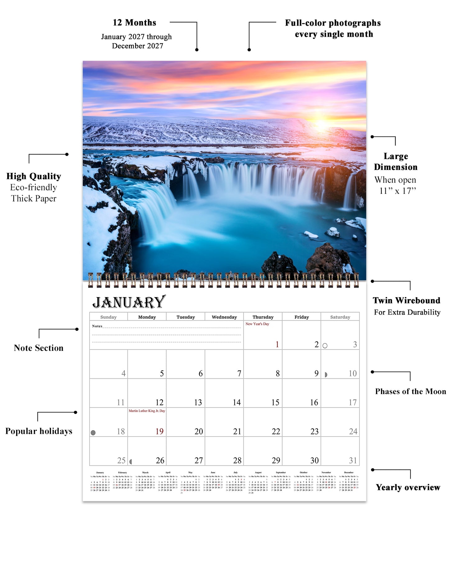 2027 Spiral-bound Wall Calendar (Sunset&Sunrise) - 12 Months Desktop/Wall Calendar/Planner