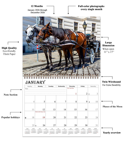 2026 Spiral-bound Wall Calendar (Horses) - 12 Months Desktop/Wall Calendar/Planner