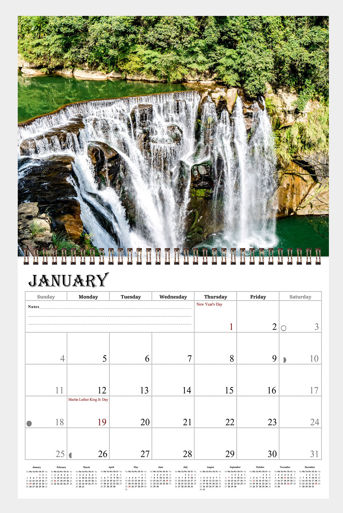 2026 Spiral-bound Wall Calendar (Waterfalls) - 12 Months Desktop/Wall Calendar/Planner