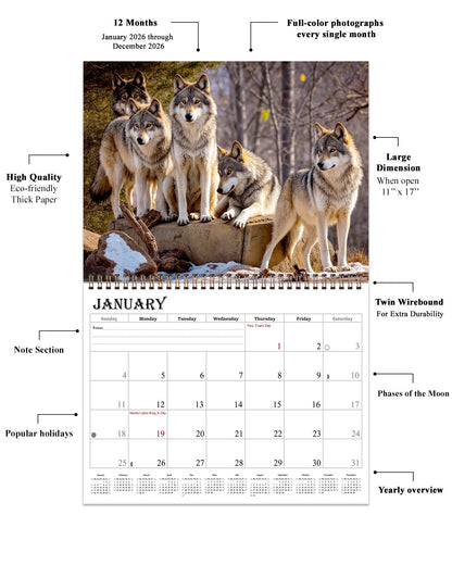 2026 Spiral-bound Wall Calendar (Wolves) - 12 Months Desktop/Wall Calendar/Planner