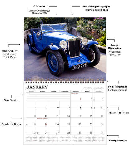 2026 Spiral-bound Wall Calendar (Classic Cars) - 12 Months Desktop/Wall Calendar/Planner