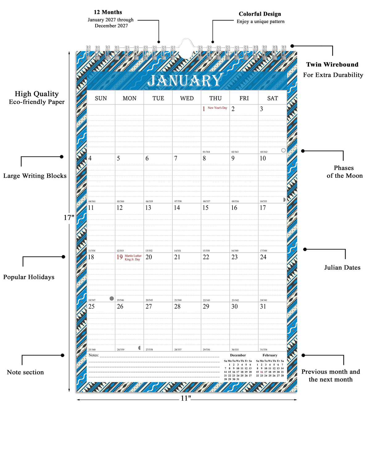 2027 Wall Calendar Spiral-Bound Twin-Wire Binding - 12 Months  11