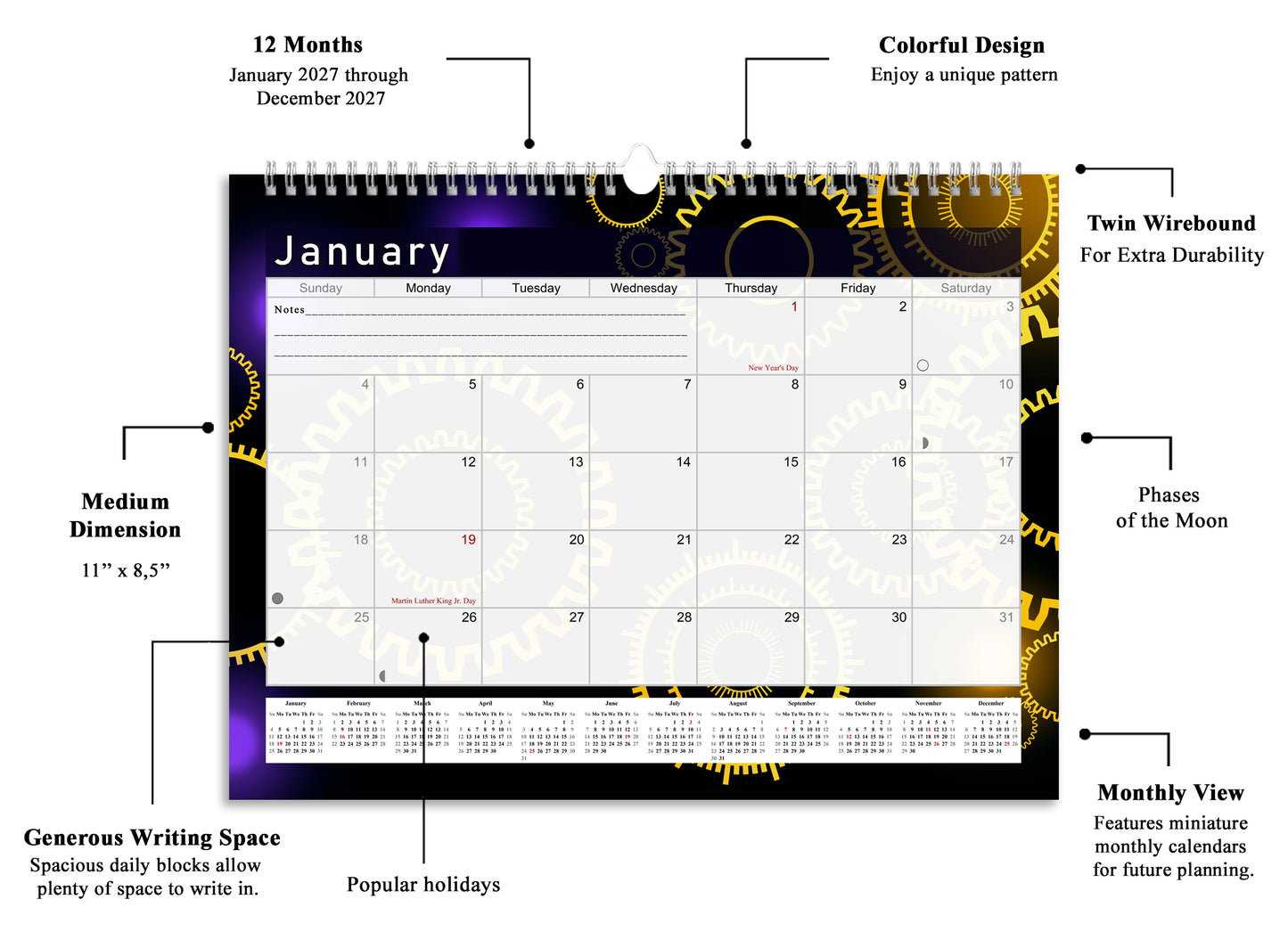2026-2027 Monthly Spiral-Bound Wall / Desk Calendar - Desktop / Wall Blotter Calendar / Planner - (Edition #09)