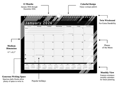 2025-2026 Monthly Spiral-Bound Wall/Desk Calendar - Desktop/Wall Blotter Calendar/Planner - (Edition B&W #013)