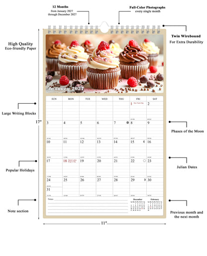 2027 Wall Calendar Spiral-bound Twin-Wire Binding - 12 Months Planner - Large Ruled Blocks with Julian Dates - (Cupcakes)