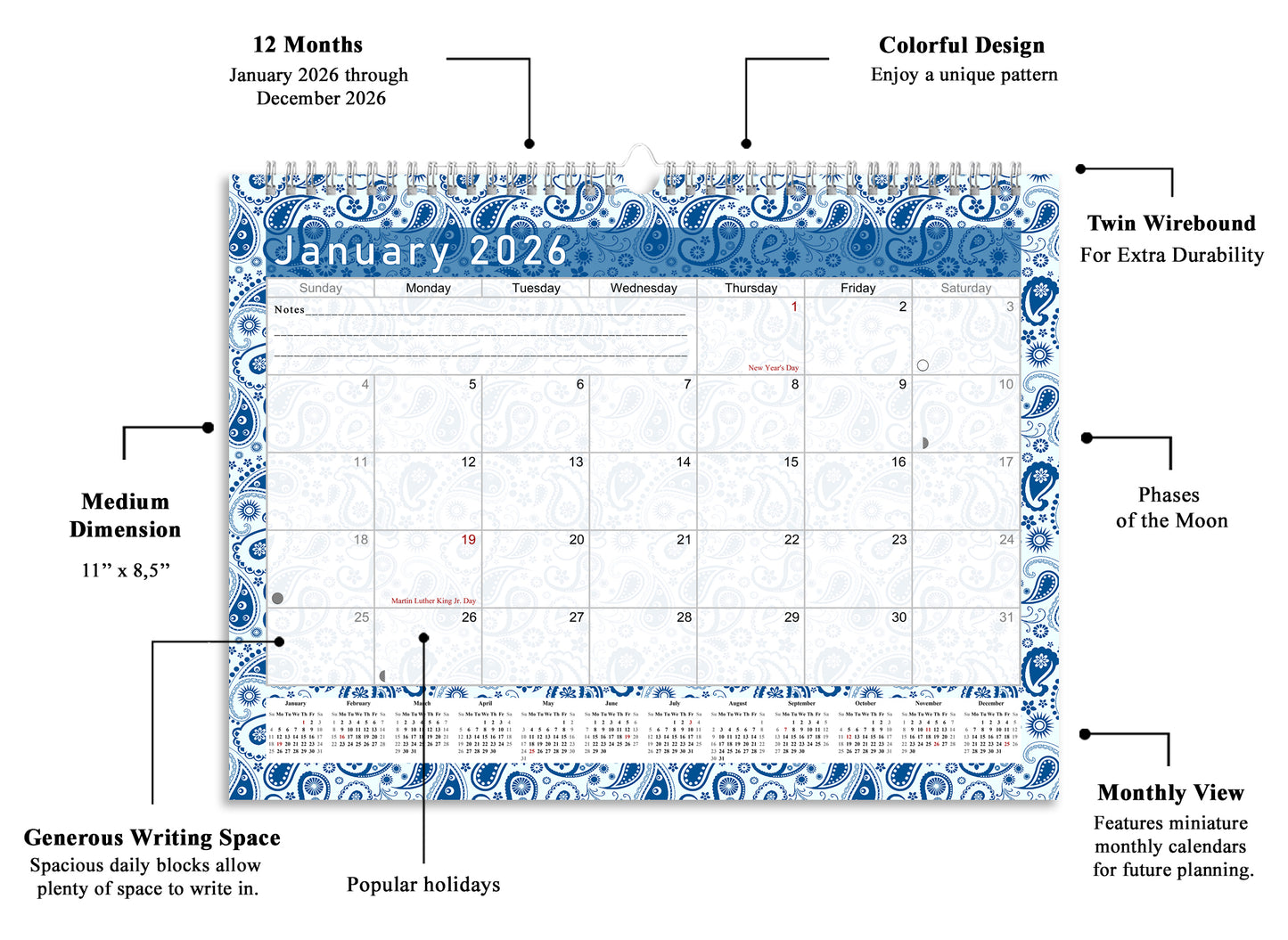2025-2026 Monthly Spiral-Bound Wall / Desk Calendar - Desktop / Wall Blotter Calendar / Planner - (Edition #21)