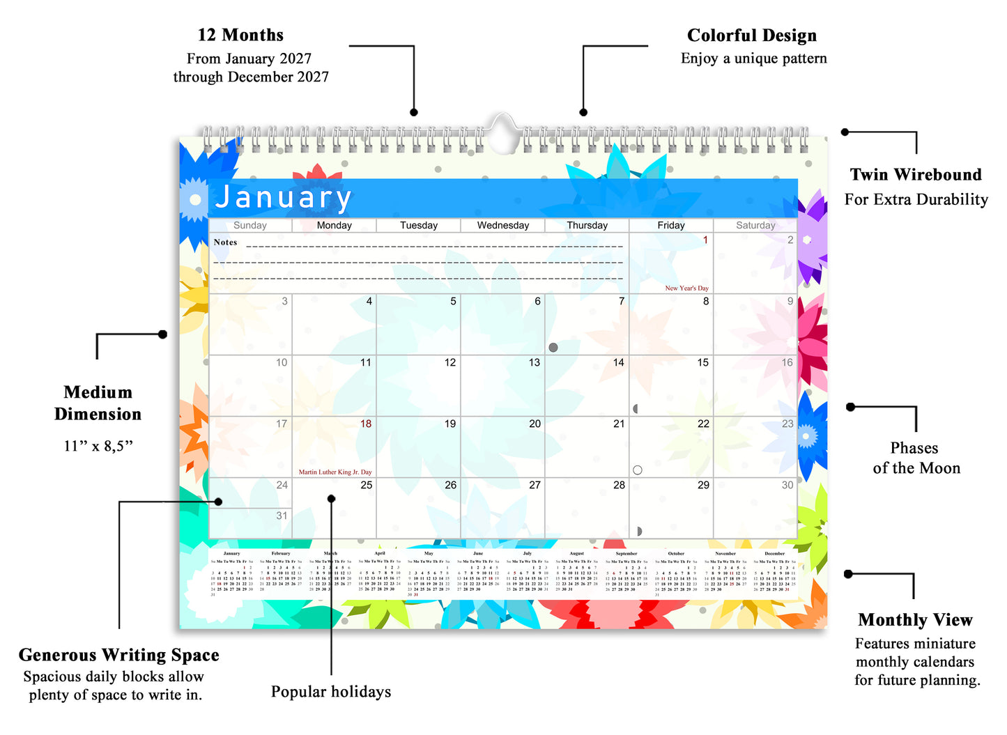 2026-2027 Monthly Spiral-Bound Wall / Desk Calendar -  Desktop / Wall Blotter Calendar / Planner - (Edition #01)