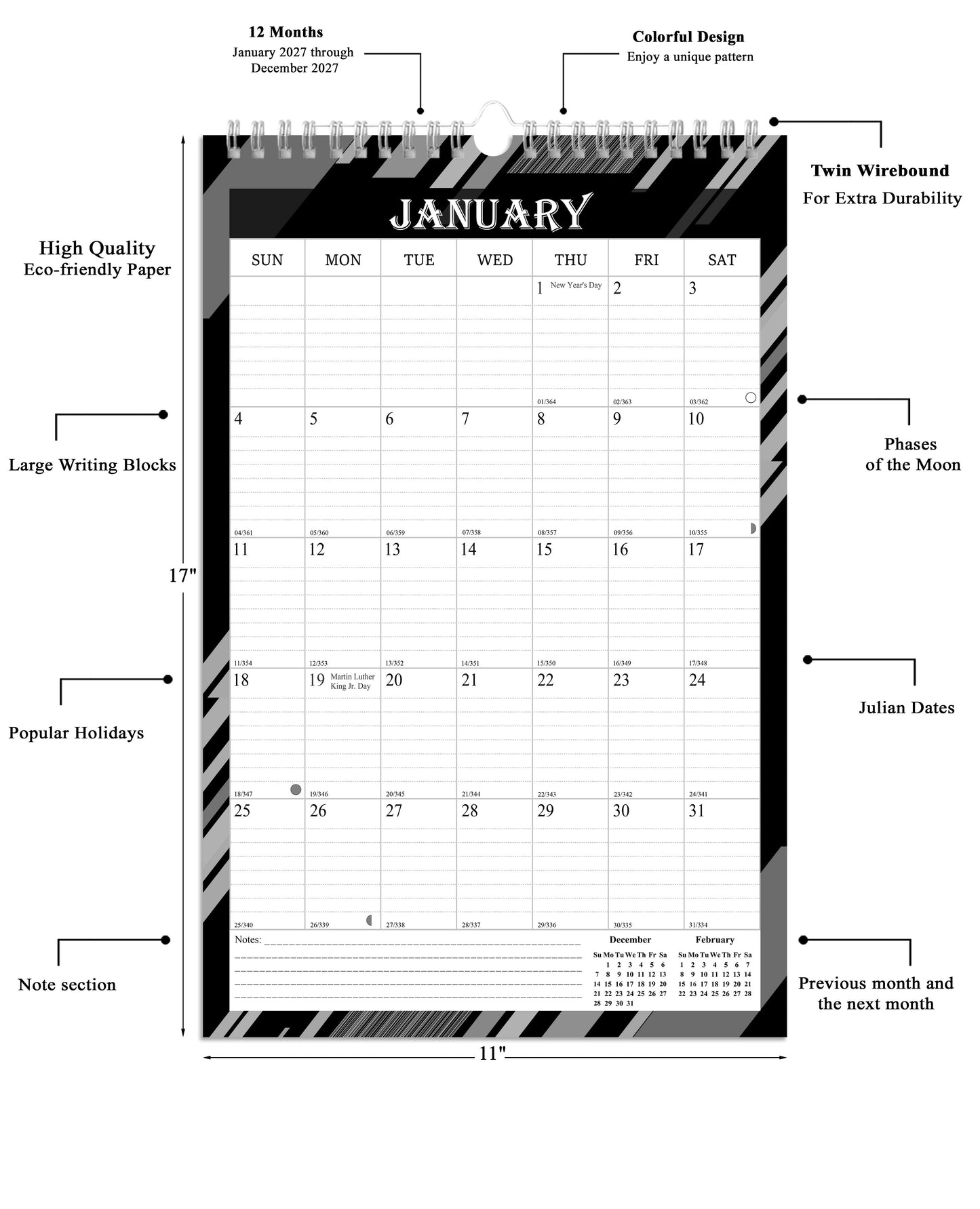 2027 Wall Calendar Spiral-Bound Twin-Wire Binding - 12 Months  08 B&W