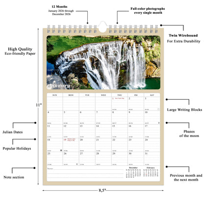 2026 Wall Calendar Spiral-bound Twin-Wire Binding - 12 Months Planner - Large Ruled Blocks with Julian Dates - (Waterfalls)