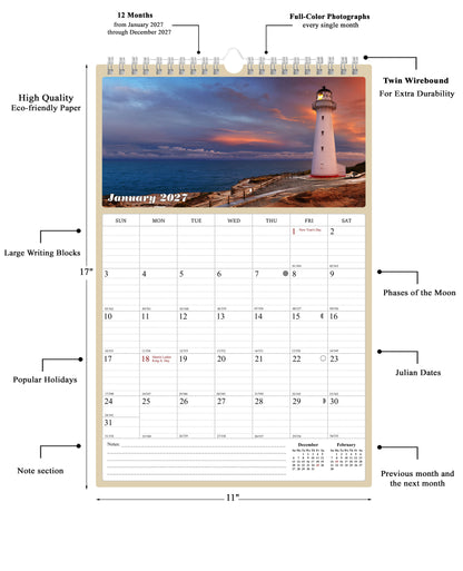 2027 Wall Calendar Spiral-bound Twin-Wire Binding - 12 Months Planner - Large Ruled Blocks with Julian Dates - (Lighthouses)