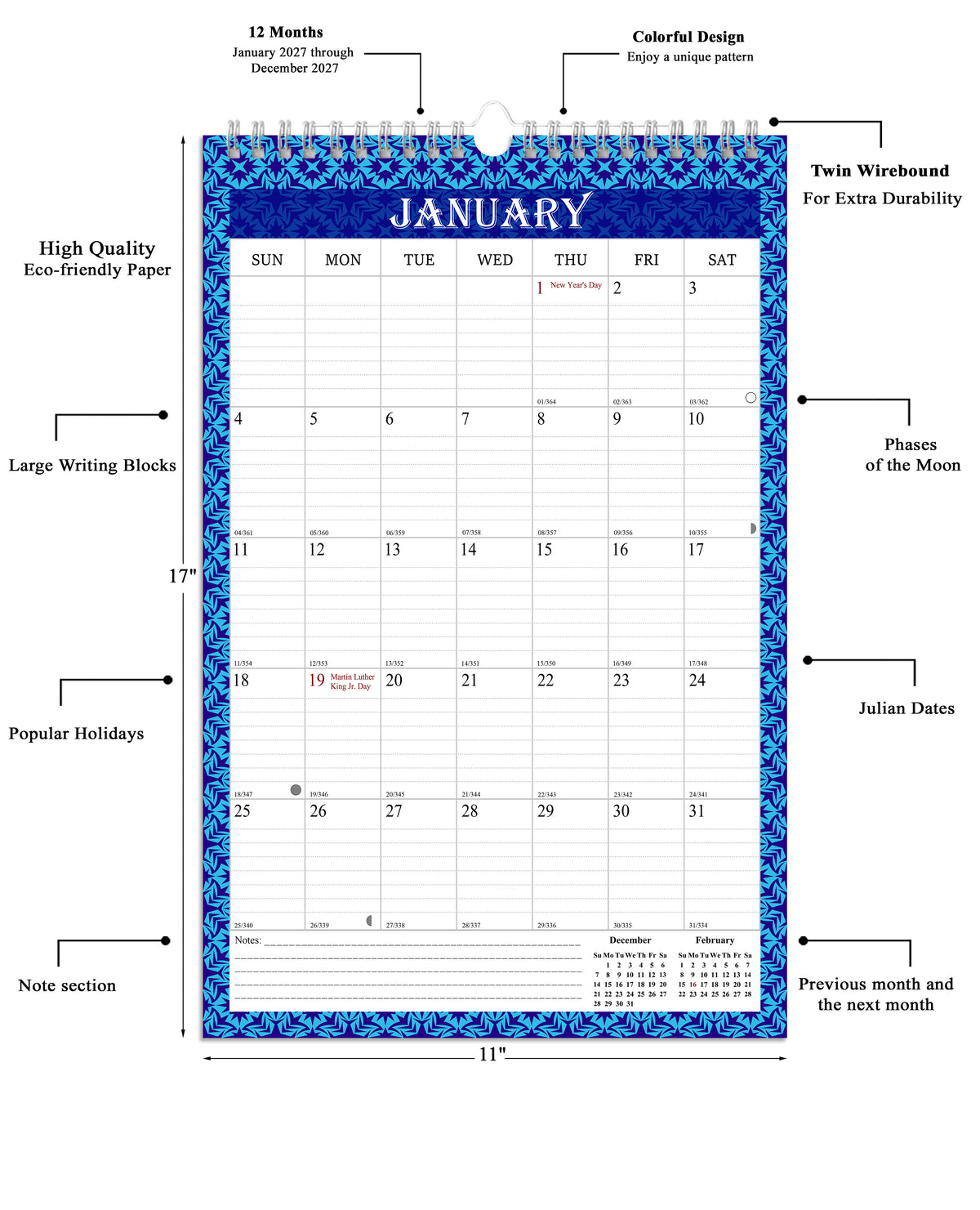 2027 Wall Calendar Spiral-Bound Twin-Wire Binding - 12 Months  14