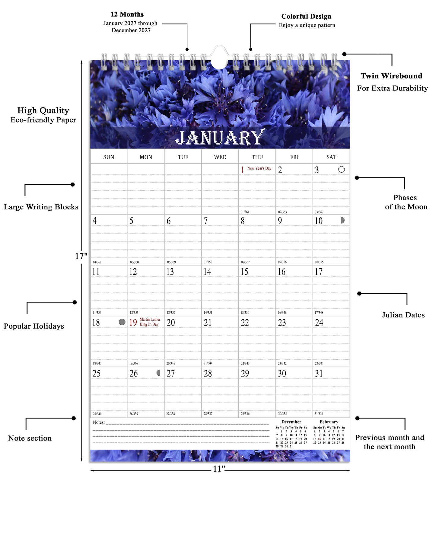 2027 Wall Calendar Spiral-Bound Twin-Wire Binding - 12 Months  04