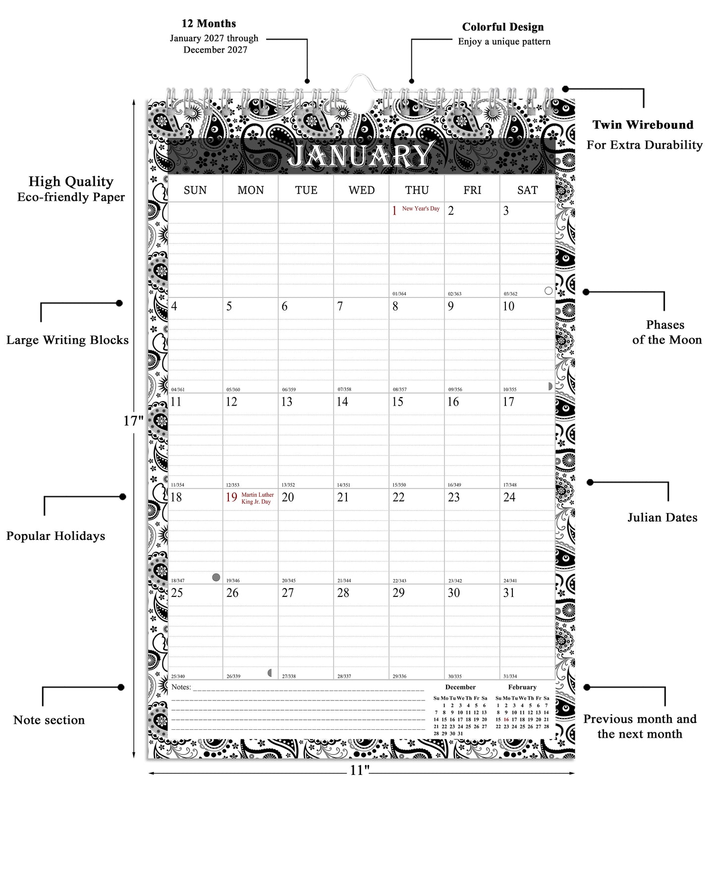 2027 Wall Calendar Spiral-Bound Twin-Wire Binding - 12 Months  06