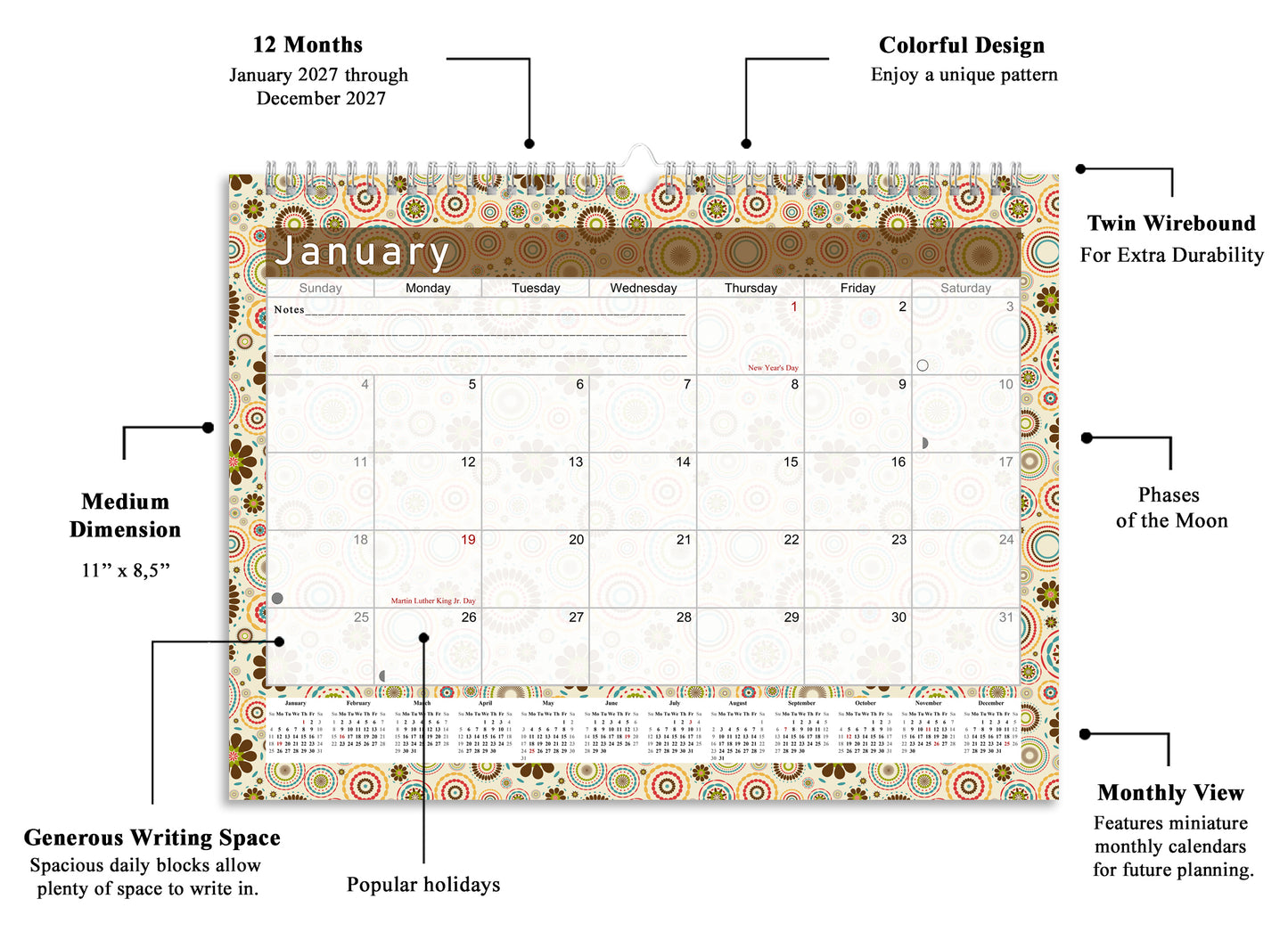 2026-2027 Monthly Spiral-Bound Wall / Desk Calendar - Desktop / Wall Blotter Calendar / Planner - (Edition #20)