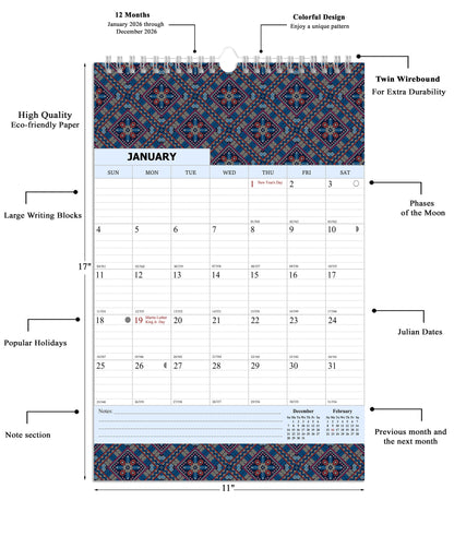 2026 Wall Calendar Spiral-Bound Twin-Wire Binding - 12 Months  18