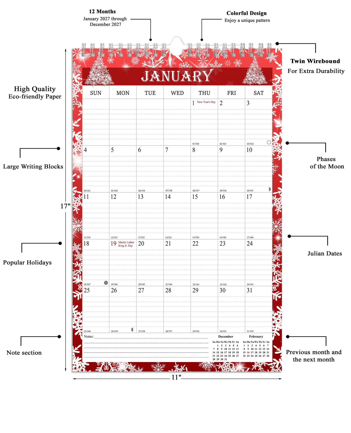 2027 Wall Calendar Spiral-Bound Twin-Wire Binding - 12 Months  12 (Holidays)