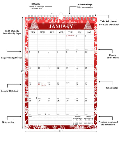 2027 Wall Calendar Spiral-Bound Twin-Wire Binding - 12 Months  12 (Holidays)