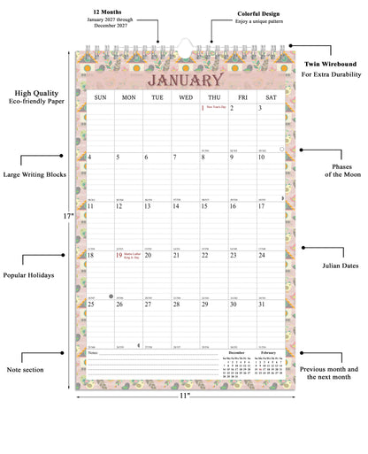 2027 Wall Calendar Spiral-Bound Twin-Wire Binding - 12 Months  16
