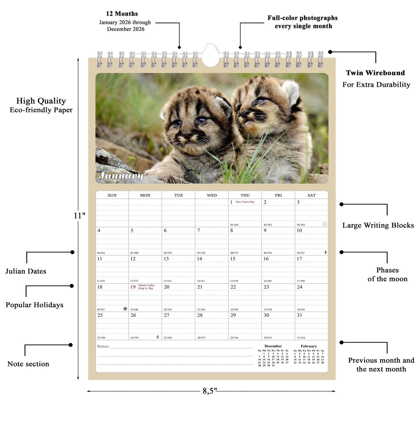 2026 Wall Calendar Spiral-bound Twin-Wire Binding - 12 Months Planner - Large Ruled Blocks with Julian Dates - (Baby Animals)