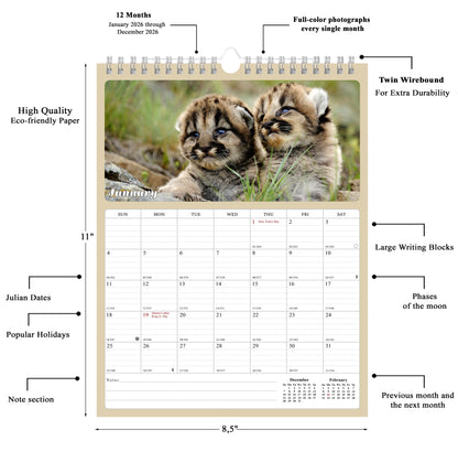 2026 Wall Calendar Spiral-bound Twin-Wire Binding - 12 Months Planner - Large Ruled Blocks with Julian Dates - (Baby Animals)